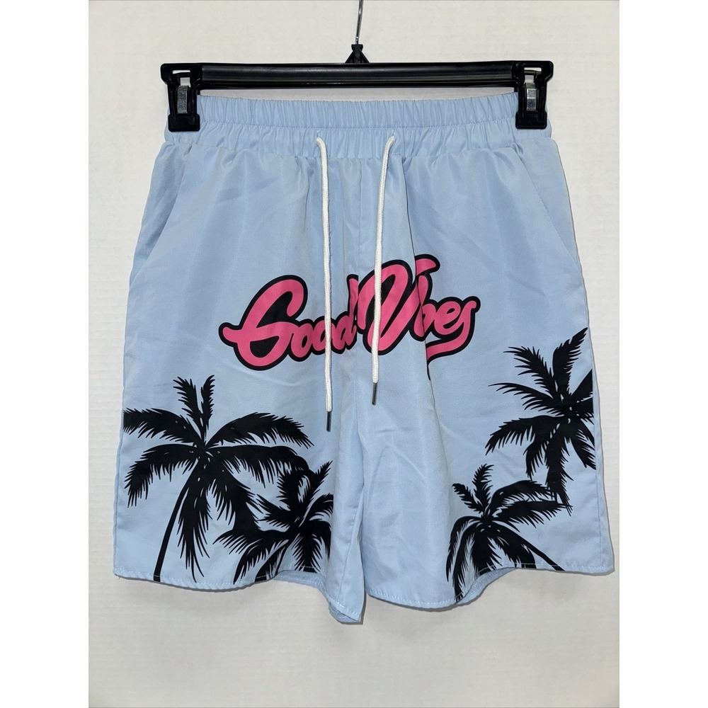 Good Vibes Swim Trunks Men's S/M Baby Blue Palm Trees No Size MID